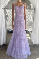 Lilac Spaghetti Straps Long Lace Tulle Evening Prom Dresses Mermaid Appliques Evening Prom Dresses