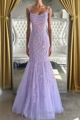 Lilac Spaghetti Straps Long Lace Tulle Evening Prom Dresses Mermaid Appliques Evening Prom Dresses