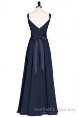 Navy Blue V-Neck Tie-Back A-Line Long Bridesmaid Dresses