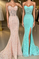 Mint Green Lace Strapless Mermaid  Long Evening Prom Dresses with Slit