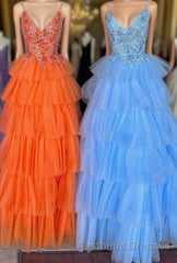 Multi-Tiered Lace Beaded V-Neck Long Evening Prom Dresses