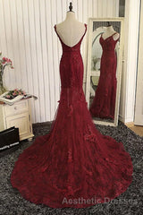 Burgundy Trumpet Sweep Train V Neck Mid Back Appliques Beading Long Evening Prom Dresses