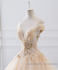 Unique Champagne Tulle Lace Long Wedding Dresses, Bridal Gown