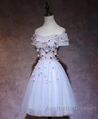 Cute Gray Blue Tulle Short Evening Prom Dresses, Gray Homecoming Dresses