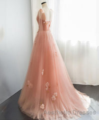 Pink V Neck Tulle Long Evening Prom Dresses, Tulle Evening Prom Dresses