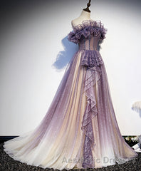 Purple Tulle Sequin Long Evening Prom Dresses, Purple Tulle Formal Dresses
