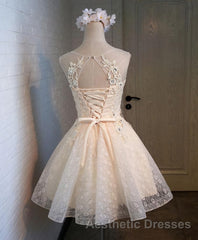 Champagne Lace Round Neck Short Evening Prom Dresses, Bridesmaid Dresses