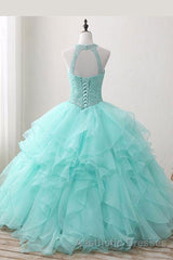 Mint Ball Gown Floor Length Halter Keyhole Back Beading Ruffles Evening Prom Dresses