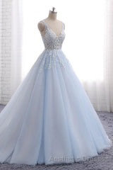Ball Gown Chapel Train V Neck Sleeveless Backless Appliques Evening Prom Dresses