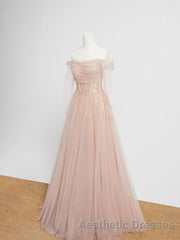 Champagne Pink Tulle Beads Long Evening Prom Dresses, Champagne Evening Prom Dresses