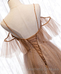 Champagne Tulle Sequin Long Evening Prom Dresses, Champagne Evening Prom Dresses