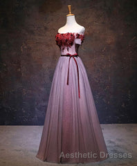 Pink Tulle Lace Applique Long Evening Prom Dresses, Evening Prom Dresses