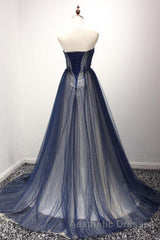 Navy A Line Sweep Train Straight Sleeveless Mid Back Lace Up Evening Prom Dresses
