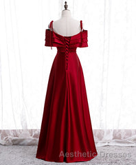 Burgundy Satin Beads Long Evening Prom Dresses, Burgundy Evening Prom Dresses