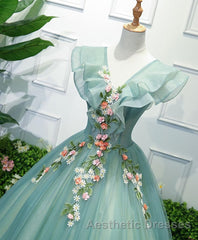 Green V Neck Tulle Long Evening Prom Dresses, Green Evening Prom Dresses