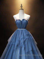 Blue Sweetheart Neck Tulle Long Evening Prom Dresses, Blue Evening Prom Dresses