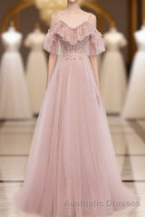 Pink V Neck Tulle Lace Long Evening Prom Dresses, Pink Bridesmaid Dresses, 1