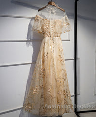 Champagne Tulle Lace Long Evening Prom Dresses, Champagne Formal Dresses, 1