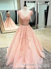 Pink Sleeveless V Neck Tulle Lace Applique Long Evening Prom Dresses