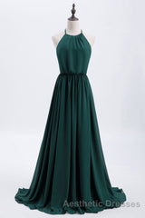 Hunter Green Halter Chiffon A-line Long Bridesmaid Dresses