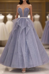 Purple Sweetheart Neck Tulle Sequin Long Evening Prom Dresses, Tulle Formal Dresses