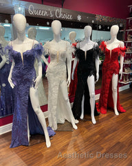 Sequin Feather Cold-Shoulder Mermaid Long Evening Prom Dresses with Slit