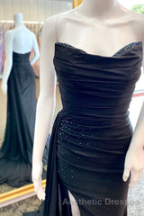 Red Beaded Strapless Mermaid Long Dresses with Attached Train