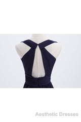 Empire Navy Blue Chiffon A-line Long Bridesmaid Dresses