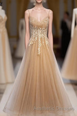 Champagne Tulle Lace Long Evening Prom Dresses, Champagne Evening Prom Dresses, 9