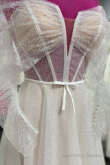 White Off-the-Shoulder Tulle Beaded A-line Long Wedding Dress
