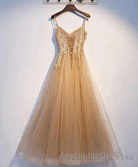 Champagne Tulle Lace Long Evening Prom Dresses, Champagne Evening Prom Dresses, 9