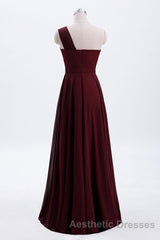 One Shoulder Burgundy A-line Chiffon Long Bridesmaid Dresses