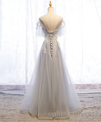 Gray Tulle Lace Long Evening Prom Dresses, Gray Tulle Lace Evening Prom Dresses, 5