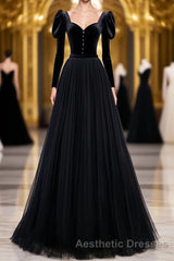Black Tulle Long Evening Prom Dresses, Black Tulle Formal Dresses
