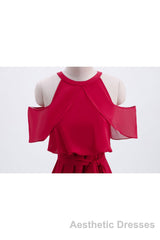 Red Chiffon Cold Sleeves Short Ruffles Bridesmaid Dresses