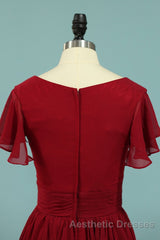 Red Chiffon V-Neck Ruffled A-Line Long Bridesmaid Dresses