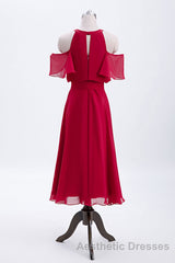 Red Chiffon Cold Sleeves Short Ruffles Bridesmaid Dresses