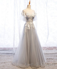 Gray Tulle Lace Long Evening Prom Dresses, Gray Tulle Lace Evening Prom Dresses, 5