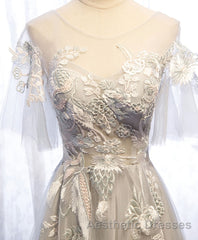 Gray Tulle Lace Long Evening Prom Dresses, Gray Tulle Lace Evening Prom Dresses, 5