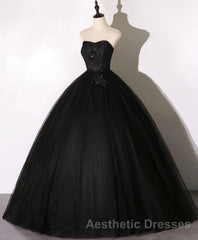Black Sweetheart Neck Tulle Long Evening Prom Dresses, Black Evening Prom Dresses