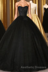 Black Sweetheart Neck Tulle Long Evening Prom Dresses, Black Evening Prom Dresses