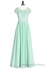 Sage Green Lace and Chiffon Cap Sleeve A-Line Long Bridesmaid Dresses