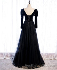 Black Tulle Long Evening Prom Dresses, Black Tulle Formal Dresses