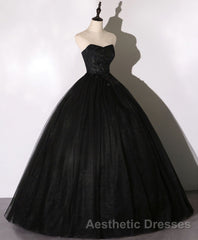 Black Sweetheart Neck Tulle Long Evening Prom Dresses, Black Evening Prom Dresses