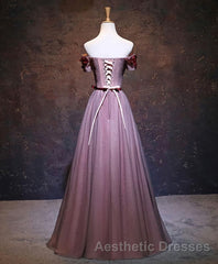 Pink Tulle Lace Applique Long Evening Prom Dresses, Evening Prom Dresses