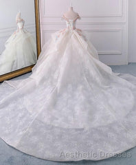 White Sweetheart Off Shoulder Lace Long Evening Prom Dresses, White Evening Prom Dresses
