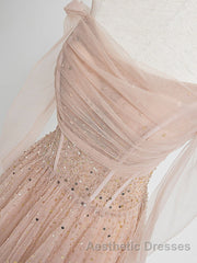 Champagne Pink Tulle Beads Long Evening Prom Dresses, Champagne Evening Prom Dresses