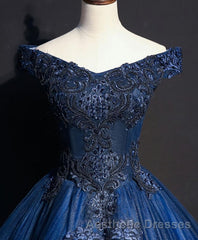 Blue Tulle Lace Off Shoulder Long Evening Prom Dresses, Blue Tulle Lace Evening Prom Dresses