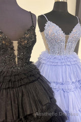 Black Layers Plunging V A-line Floral Long Evening Prom Dresses