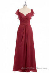 Wine Red Chiffon Backless Ruffled Sleeve Long Bridesmaid Dresses